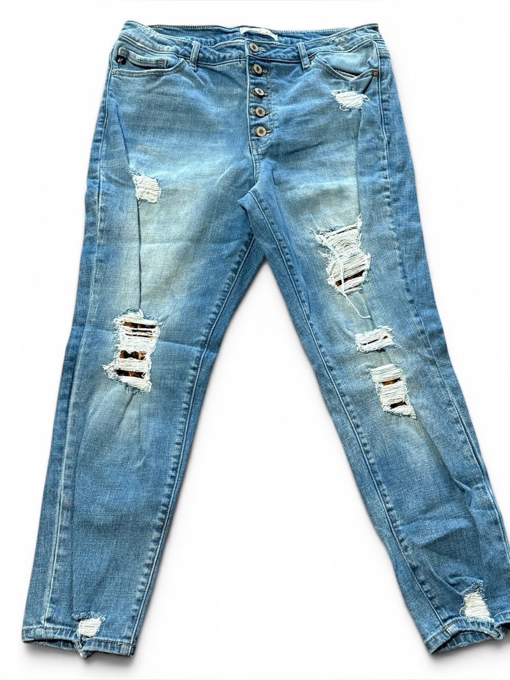 Kancan Chelsea High Rise Leopard Patch Classic Skinny Jeans Blue Distressed XL